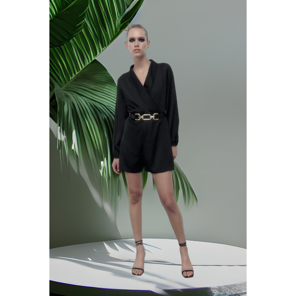 (50% OFF) NWT Zara SATIN EFFECT Gold Chain Belt Mini JUMPSUIT Black Size Small